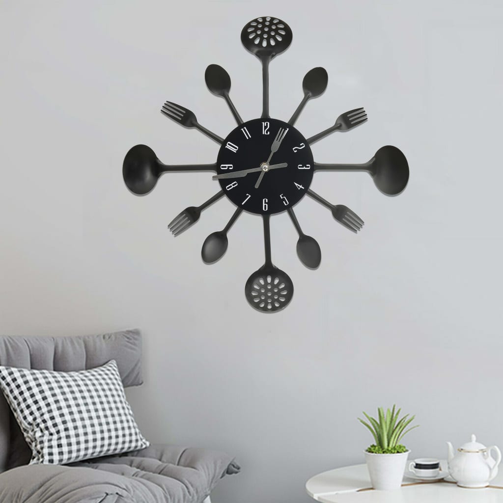 Wanduhr Löffel & Gabel 40 cm Aluminium Schwarz