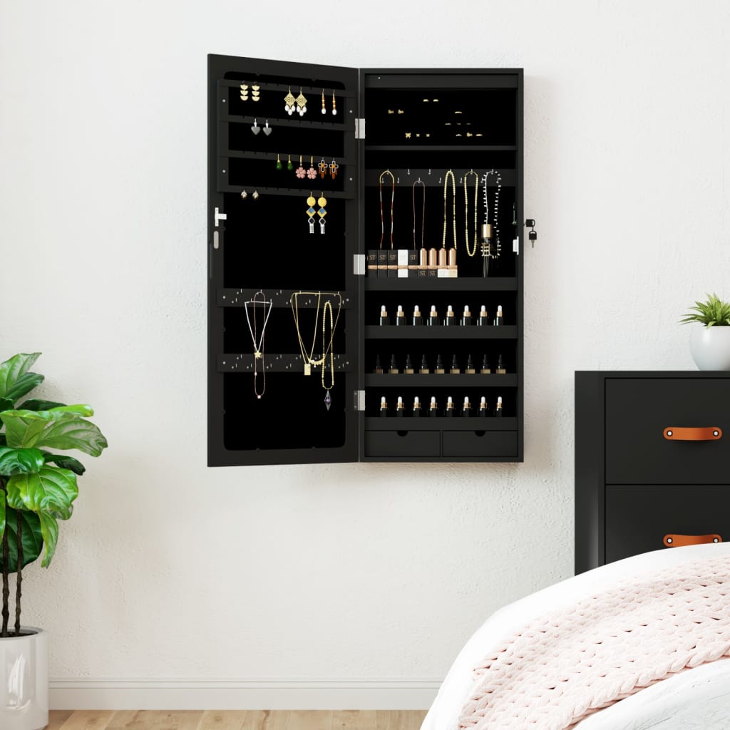 Schmuckschrank mit Spiegel und LED Wandmontage Schwarz