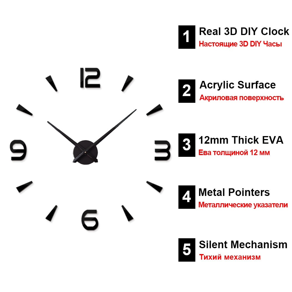 Große 3D-Wanduhr DIY 100 cm Acryl – Dekorative Küchenuhr